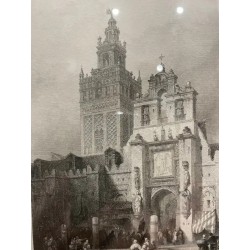Grabado Histórico de la Giralda de Sevilla - Arquitectura Monumental Española