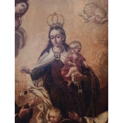 Óleo Barroco del Siglo XVII - Virgen del Carmen en Marco Dorado
