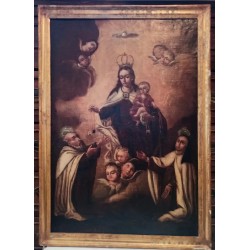 Óleo Barroco del Siglo XVII - Virgen del Carmen en Marco Dorado
