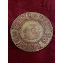 Plato de Cerámica Vintage Sarreguemines - Diseño Paisajístico en Tonos Rosa