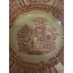 Plato de Cerámica Vintage Sarreguemines - Diseño Paisajístico en Tonos Rosa