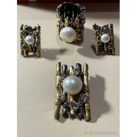 Conjunto de Joyería de Diseño Contemporáneo - Plata, Perlas y Gemas