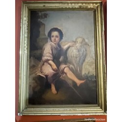 Óleo del Siglo XIX - Representación del Buen Pastor en Estilo Sevillano