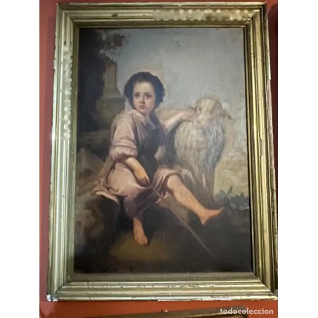 Óleo del Siglo XIX - Representación del Buen Pastor en Estilo Sevillano