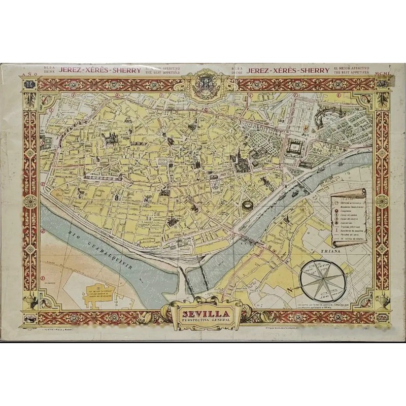 Mapa Histórico de Sevilla - Plano Vintage de Perspectiva General Años 50 Mapa Histórico de Sevilla - Plano Vintage de Perspectiva General Años 50