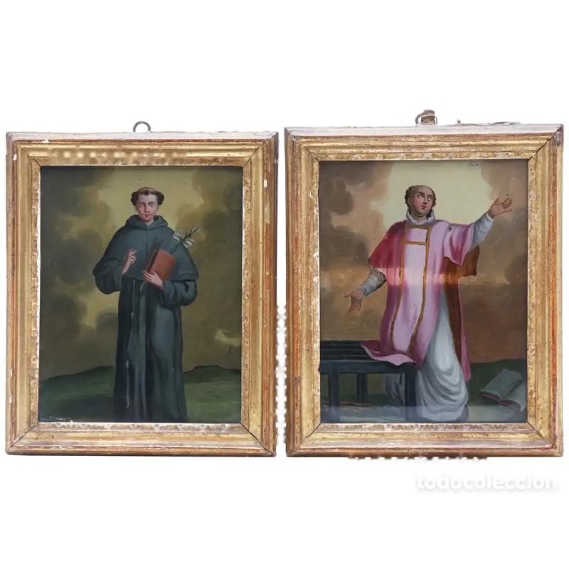 Pinturas Religiosas Antiguas Sobre Vidrio - Santos Mártires Escuela Alemana Siglo XVIII