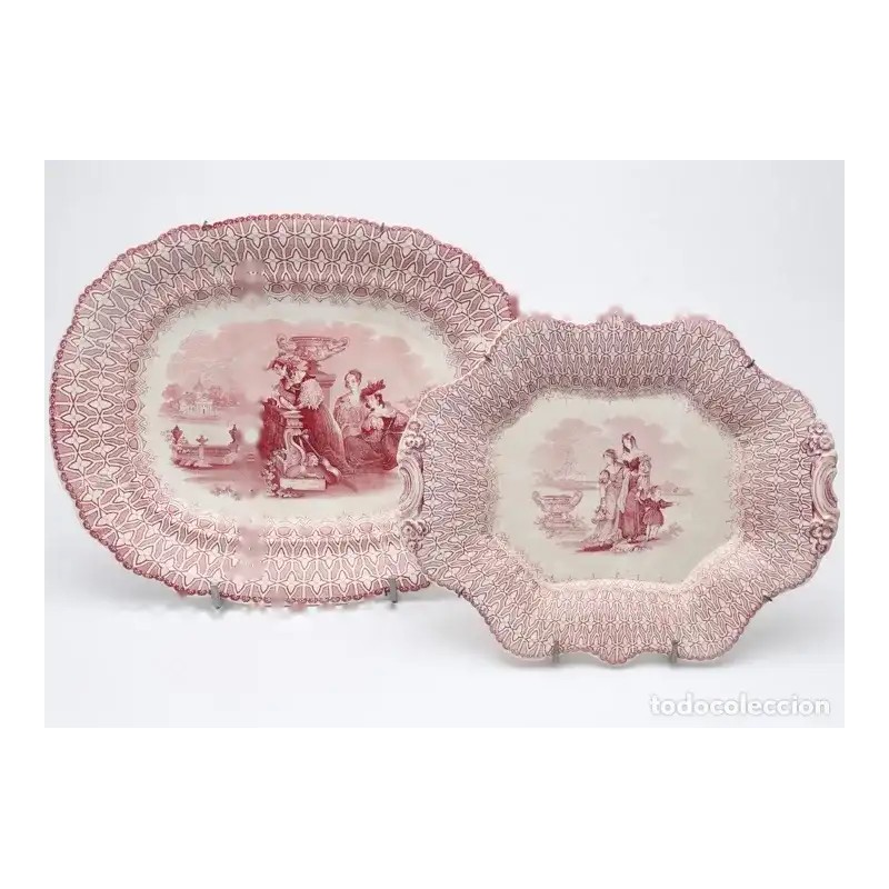 Bandejas Vintage de Loza - Escenas Románticas en Tonos Rosas Siglo XIX Bandejas Vintage de Loza - Escenas Románticas en Tonos Rosas Siglo XIX