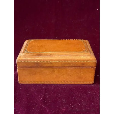 Caja Antigua de Cuero - Joyero Vintage con Cenefa Dorada Repujada Artesanal