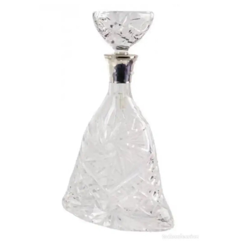 Botella vintage de cristal tallado con embocadura de plata, años 50 Botella vintage de cristal tallado con embocadura de plata, años 50