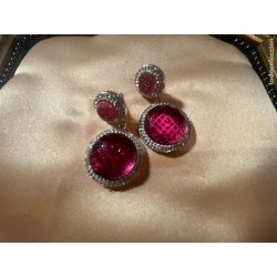 Pendientes Colgantes Rubí y Diamantes - Aretes Oro Blanco Doble Gota Lujo Elegante