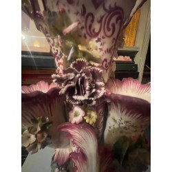 Pareja de Jarrones Antiguos de Porcelana Estilo Rococó - Decoración Floral Rosa