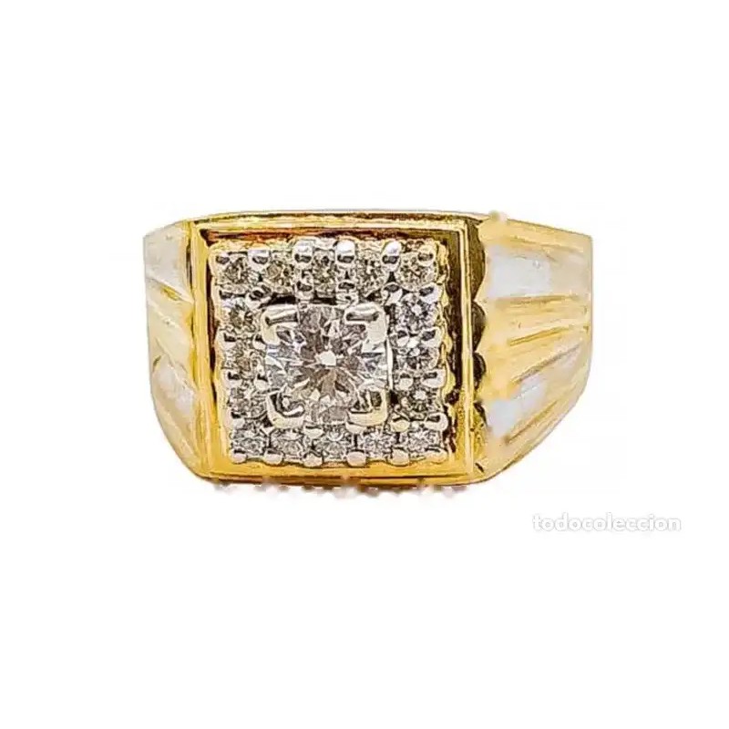 Sortija Sello de Oro Bicolor 18kt con Brillantes - Diseño Cuadrado Masculino