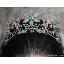 Tiara de Plata 925 con Diamantes y Esmeraldas - Corona Floral Nupcial Vintage