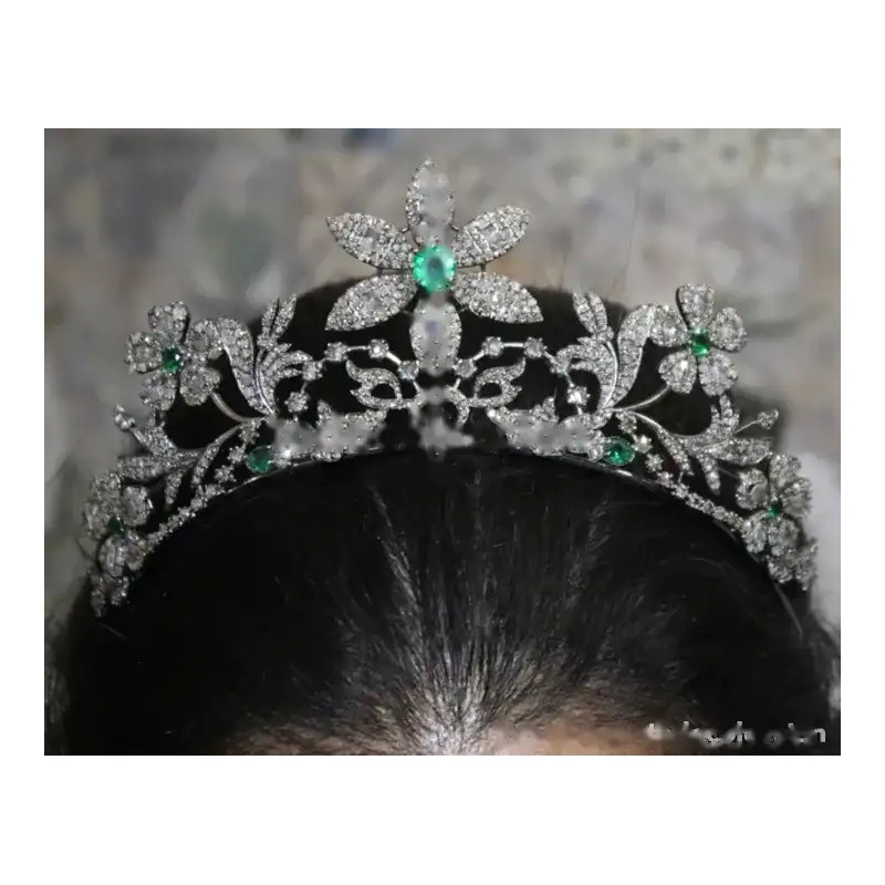 Tiara de Plata 925 con Diamantes y Esmeraldas - Corona Floral Nupcial Vintage