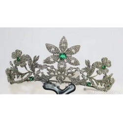 Tiara de Plata 925 con Diamantes y Esmeraldas - Corona Floral Nupcial Vintage