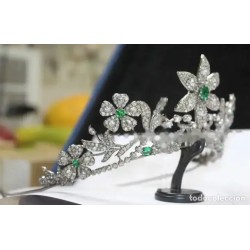 Tiara de Plata 925 con Diamantes y Esmeraldas - Corona Floral Nupcial Vintage
