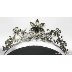 Tiara de Plata 925 con Diamantes y Esmeraldas - Corona Floral Nupcial Vintage