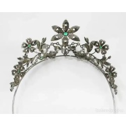 Tiara de Plata 925 con Diamantes y Esmeraldas - Corona Floral Nupcial Vintage