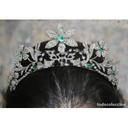 Tiara de Plata 925 con Diamantes y Esmeraldas - Corona Floral Nupcial Vintage