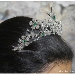 Tiara de Plata 925 con Diamantes y Esmeraldas - Corona Floral Nupcial Vintage