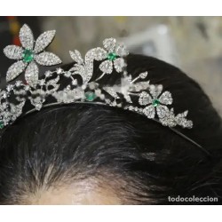 Tiara de Plata 925 con Diamantes y Esmeraldas - Corona Floral Nupcial Vintage