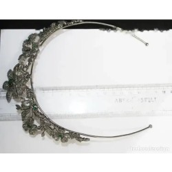Tiara de Plata 925 con Diamantes y Esmeraldas - Corona Floral Nupcial Vintage