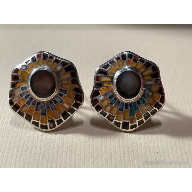 Pendientes de Plata con Mosaico de Esmaltes y Piedra Central - Diseño Artesanal