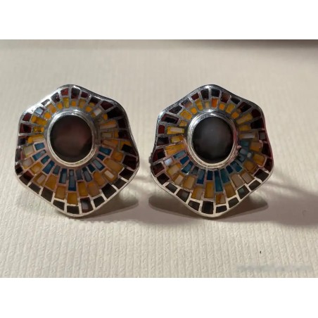 Pendientes de Plata con Mosaico de Esmaltes y Piedra Central - Diseño Artesanal