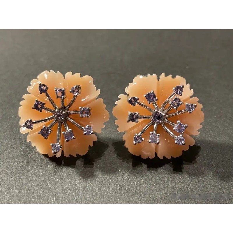Pendientes de Plata con Coral Melocotón y Amatistas - Diseño Floral Vintage