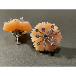 Pendientes de Plata con Coral Melocotón y Amatistas - Diseño Floral Vintage