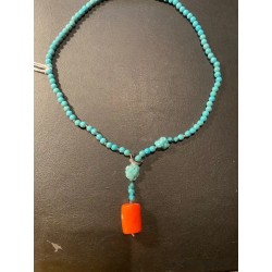 Collar de Turquesa Natural con Colgante de Coral Rojo - Piedras Preciosas Artesanal