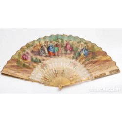 Abanico Antiguo con Varillas de Hueso Calado - Escena Galante Siglo XIX Pintado