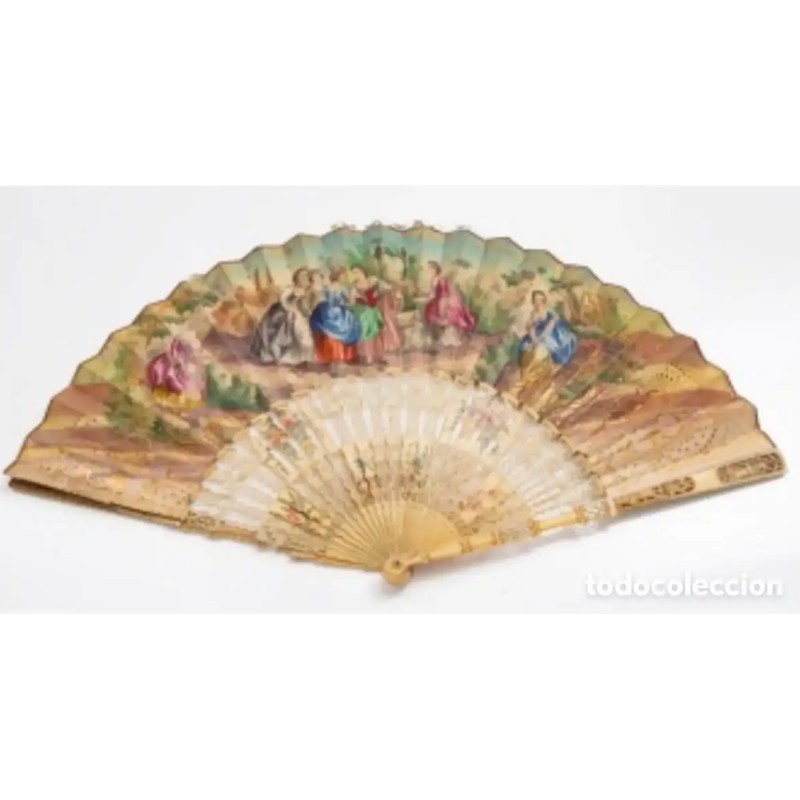 Abanico Antiguo con Varillas de Hueso Calado - Escena Galante Siglo XIX Pintado