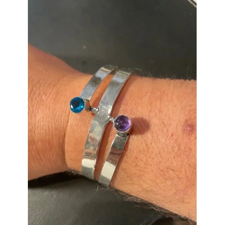 Pulsera Doble de Plata con Amatista y Topacio Azul - Brazalete Minimalista Ajustable
