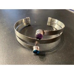 Pulsera Doble de Plata con Amatista y Topacio Azul - Brazalete Minimalista Ajustable