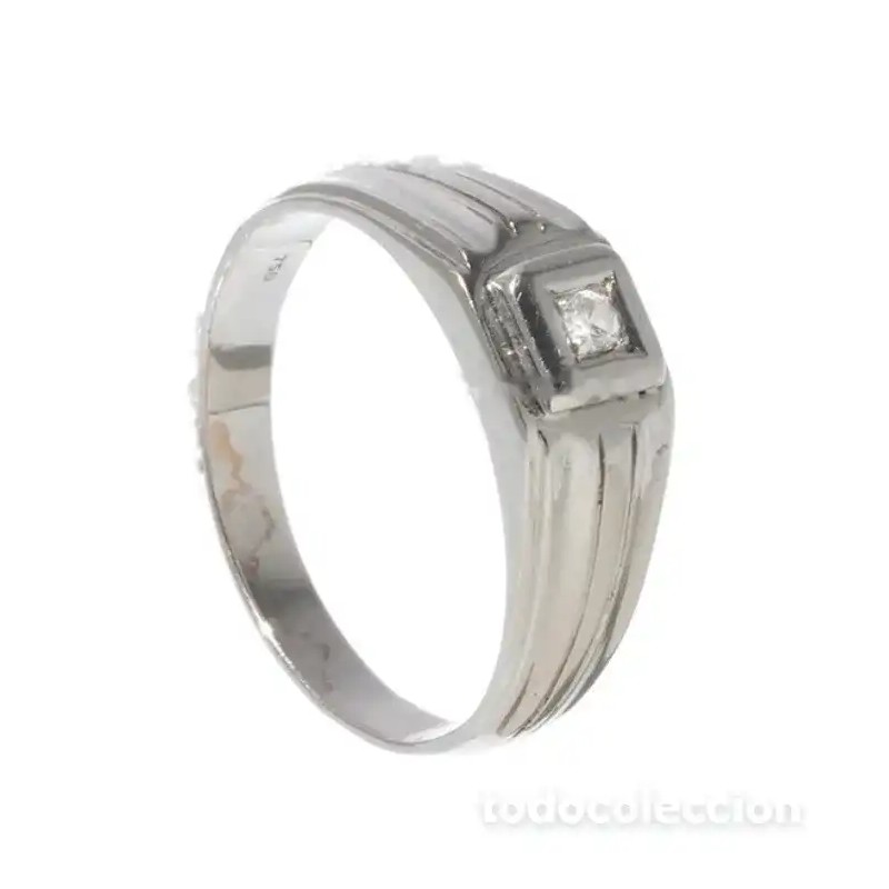 Anillo Oro Blanco 18K con Diamante - Sortija Elegante para Caballero