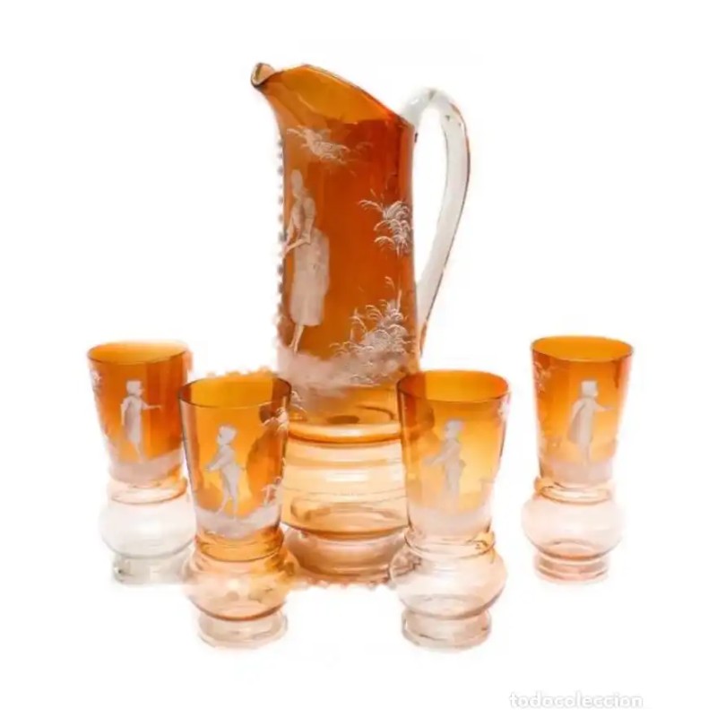 Conjunto de Refresco en Cristal Ámbar con Figuras Esmaltadas - Circa 1900