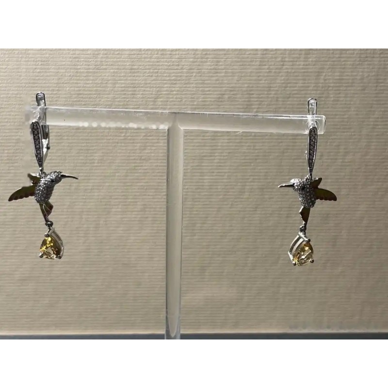 Pendientes de Plata con Colibrí y Citrinos - Diseño Artístico con Esmalte