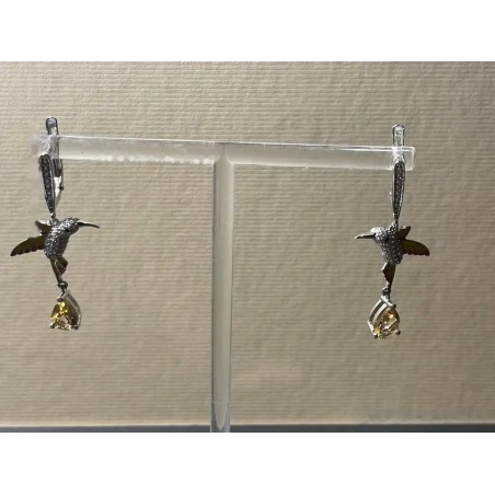 Pendientes de Plata con Colibrí y Citrinos - Diseño Artístico con Esmalte