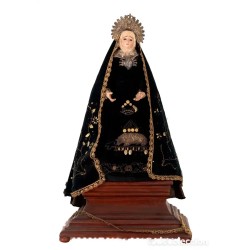 Virgen Dolorosa de Candelero con Manto Bordado y Corona - Talla Religiosa Siglo XIX