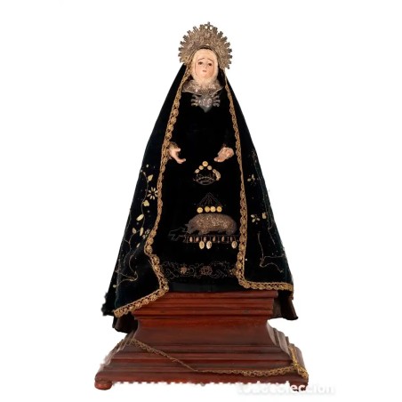 Virgen Dolorosa de Candelero con Manto Bordado y Corona - Talla Religiosa Siglo XIX