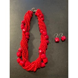 Conjunto de Collar Trenzado y Pendientes de Coral Rojo - Diseño Multicadena