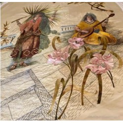 Colcha de Seda Bordada con Escena Oriental - Pieza Textil Siglo XIX