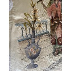 Colcha de Seda Bordada con Escena Oriental - Pieza Textil Siglo XIX