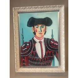 Retrato de Torero con Traje de Luces Rojo - Óleo por M. Alfaro