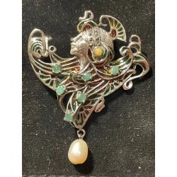Broche de plata modernista con detalles de esmalte y perla