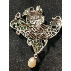 Broche de plata modernista con detalles de esmalte y perla