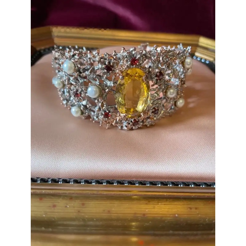 Brazalete de Plata con Citrino, Perlas y Granates - Joya de Diseño Floral Vintage