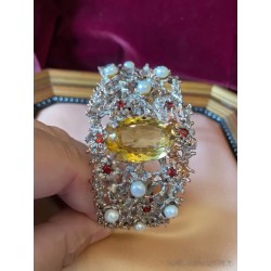 Brazalete de Plata con Citrino, Perlas y Granates - Joya de Diseño Floral Vintage
