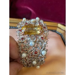 Brazalete de Plata con Citrino, Perlas y Granates - Joya de Diseño Floral Vintage